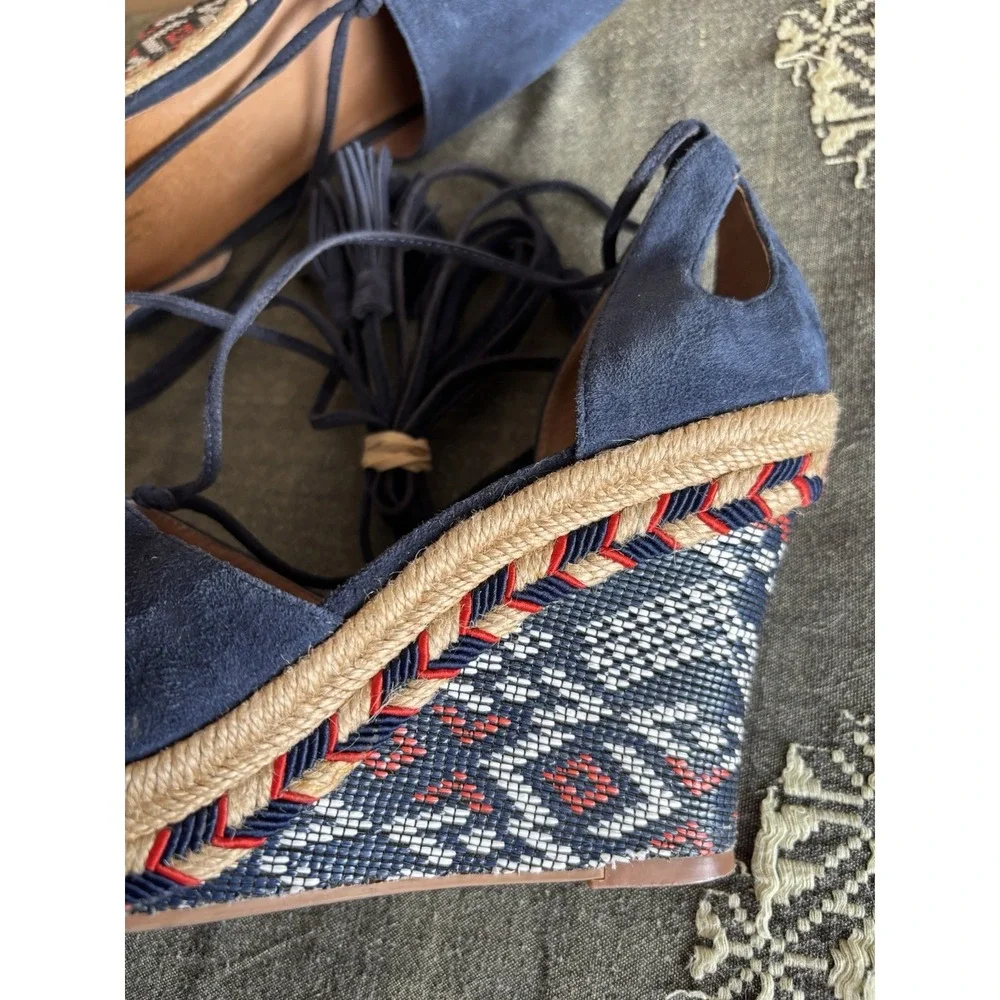 Cabi Isla Blue Suede Aztec Espadrille Wedge Heel Tie Up Womens‎ Sz 7M #6001